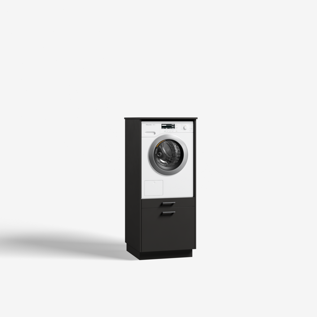 Moderne 'solo XL' wasmachinekast in 'metallic black' met 'ara zwart matte' handgreep, voor geïntegreerde wasmachine en droger.