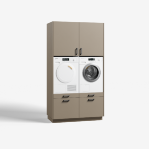 Moderne 'straight' wasmachinekast in 'beige grijs' met 'ara zwart matte' handgrepen, voor geïntegreerde wasmachine en droger.