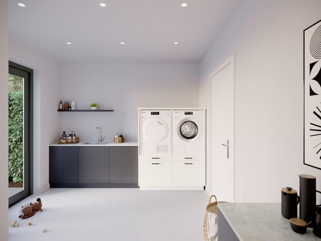 Moderne 'two pair' wasmachinekast in 'gebroken wit' met 'ara zwart matte' handgrepen, voor een wasmachine en droger in een nette wasruimte.