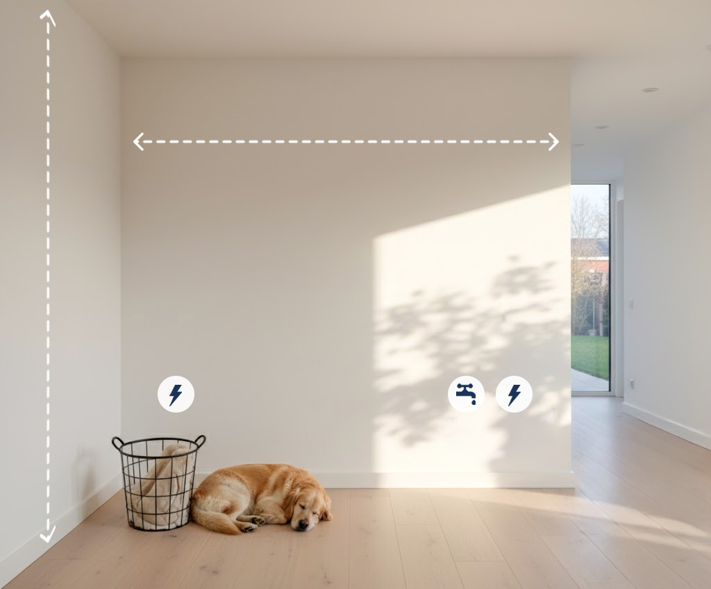 Een lege, lichte ruimte met een houten vloer en een witte muur waarop met stippellijnen de breedte en hoogte zijn aangeduid. Op de muur staan pictogrammen die de positie van elektriciteit en wateraansluitingen aangeven. Op de vloer ligt een slapende golden retriever naast een wasmand met een deken erin.